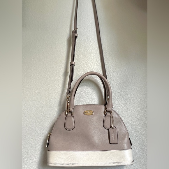 COACH Mini Cora Dome Satchel – Colorblock Taupe/Cream | Pebbled (Grain) Leather - Picture 1 of 15